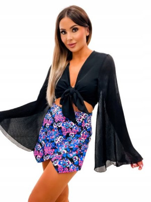 Szyfonowy Crop Top z Rozszerzanymi Rękawami-Czarny