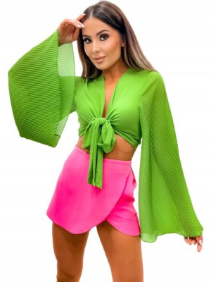 Szyfonowy Crop Top z Rozszerzanymi Rękawami-Zielon
