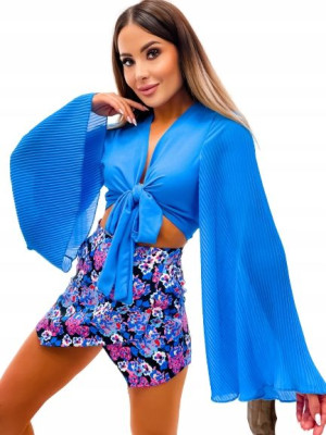 Szyfonowy Crop Top z Rozszerzanymi Rękawami-Chaber