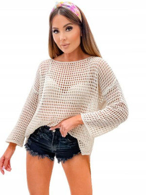 Sweter Ażurowy Z Rozcięciem Po Bokach-beżowy
