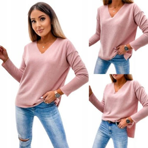 Sweter z dekoltem w serek z dzianiny PUDER RÓŻ