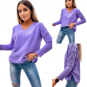 Sweter z dekoltem w serek z dzianiny FIOLETOWY