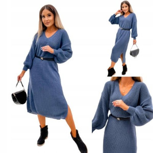 Sukienka sweterkowa z rozcięciem oversize JEANSOWY