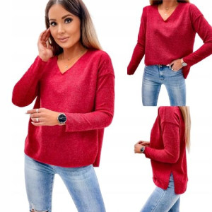 Sweter z dekoltem w serek z dzianiny CZERWONY