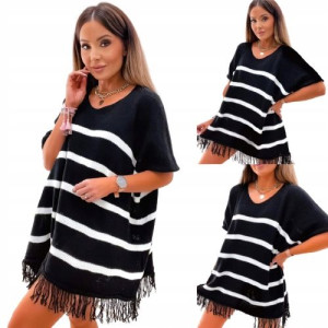 Sweter o kroju oversize z frędzlami w paski