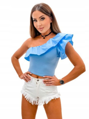 Crop Top z Falbanką Na Jedeno Ramię-niebieski
