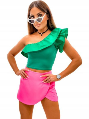 Crop Top z Falbanką Na Jedeno Ramię-Zielony
