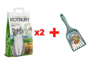 KOTBURY Zestaw Naturalnie zbrylający żwirek zbożowy 2,5kg x2 + Łopatka GRAT
