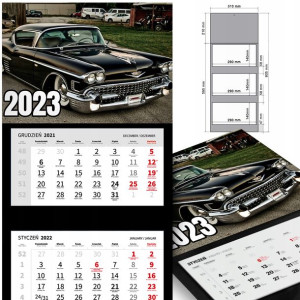 KALENDARZ Trójdzielny 2023 RETRO SAMOCHODY Wzory