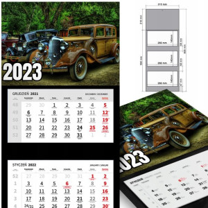 KALENDARZ Trójdzielny 2023 RETRO SAMOCHODY Wzory