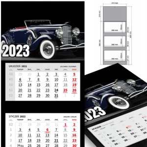KALENDARZ Trójdzielny 2023 RETRO SAMOCHODY Wzory