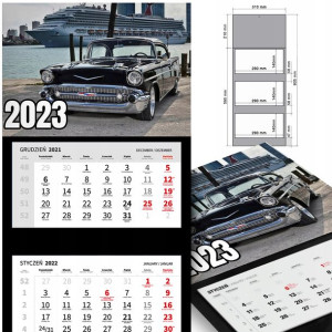 KALENDARZ Trójdzielny 2023 RETRO SAMOCHODY Wzory