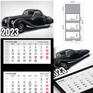 KALENDARZ Trójdzielny 2023 RETRO SAMOCHODY Wzory