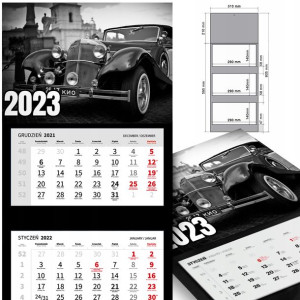 KALENDARZ Trójdzielny 2023 RETRO SAMOCHODY Wzory