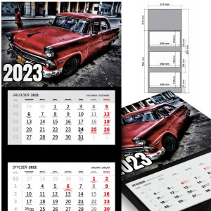 KALENDARZ Trójdzielny 2023 RETRO SAMOCHODY Wzory