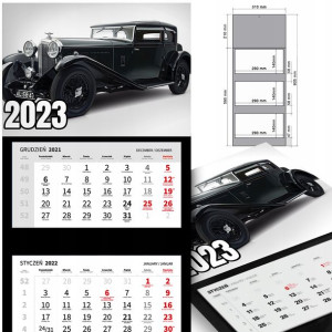 KALENDARZ Trójdzielny 2023 RETRO SAMOCHODY Wzory