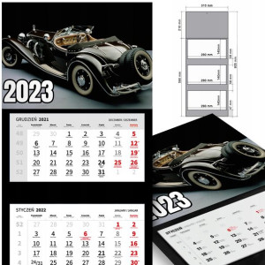 KALENDARZ Trójdzielny 2023 RETRO SAMOCHODY Wzory
