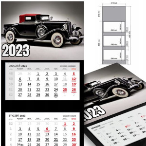 KALENDARZ Trójdzielny 2023 RETRO SAMOCHODY Wzory