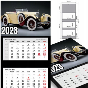 KALENDARZ Trójdzielny 2023 RETRO SAMOCHODY Wzory