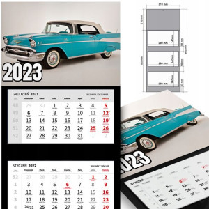 KALENDARZ Trójdzielny 2023 RETRO SAMOCHODY Wzory