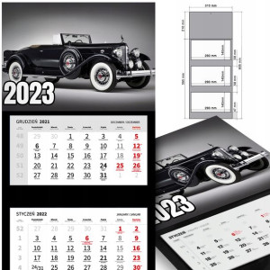 KALENDARZ Trójdzielny 2023 RETRO SAMOCHODY Wzory