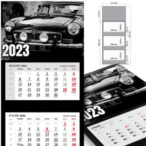 KALENDARZ Trójdzielny 2023 RETRO SAMOCHODY Wzory