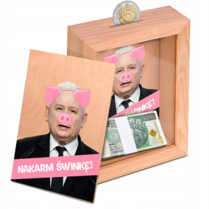DREWNIANA Skarbonka ŚMIESZNE WZORY PIS Kaczyński
