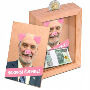 DREWNIANA Skarbonka ŚMIESZNE WZORY PIS Politycy