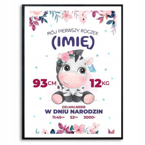 PLAKAT A3 METRYCZKA Urodziny ZEBRA Personalizowana
