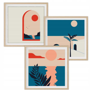 Zestaw 3 PLAKATY 40x40cm Duże ABSTRACT PALMA MORZE