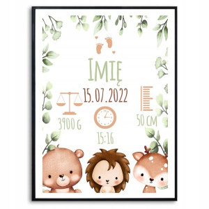 PLAKAT A3 29,7x42 Metryczka Animals Lew Miś Wzory