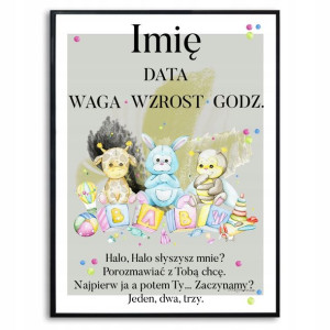 Plakat A3 29,7x42 Metryczka Baby Misie Imię Wzory