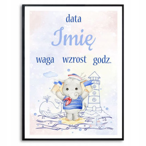 Plakat A3 29,7x42 Metryczka Słoń Morze Imię Wzory
