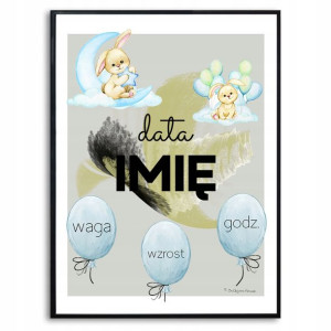 Plakat A3 29,7x42cm Metryczka Baloniki Imię Wzory