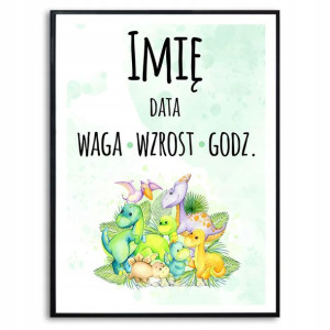 Plakat A3 29,7x42cm Metryczka Dinozaury Imię Wzory