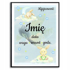 Plakat A3 29,7x42cm Metryczka Królik Księżyc Wzory