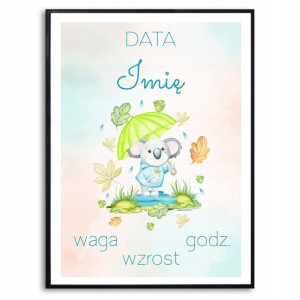 Plakat A3 29,7x42cm Metryczka Miś Koala Imię Wzory