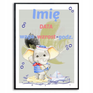 Plakat A3 29,7x42cm Metryczka Słonik Imię Wzory