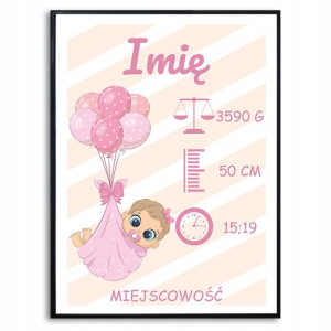 PLAKAT A3 Metryczka Dziewczynka Balony Dane Wzory