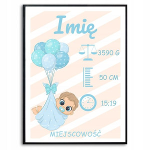 PLAKAT A3 XL Metryczka Chłopiec Balony Dane Wzory