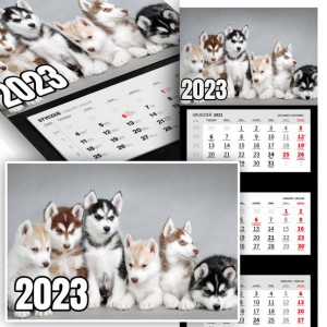 Piękny Trójdzielny Kalendarz 2023 PIESKI HUSKY Wz