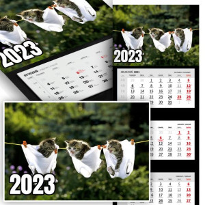 Piękny Trójdzielny Kalendarz 2023 ZABAWNE KOTKI Wz