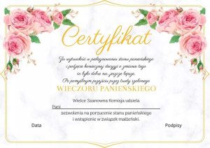 Certyfikat Panny Młodej Wieczór Panieński Dyplom