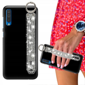 Etui Matowe Czarne do SAMSUNG A50s Pasek Cyrkonie