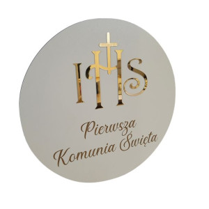 Tablica powitalna Komunia Święta koło 40cm IHS złote
