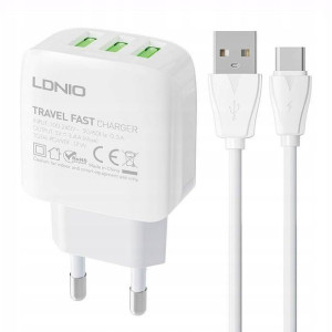 SZYBKA Ładowarka sieciowa 3xUSB + kabel TYP C