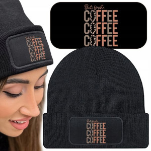 Ciepła Czapka Zimowa Czarna COFFEE Śmieszne Wzory