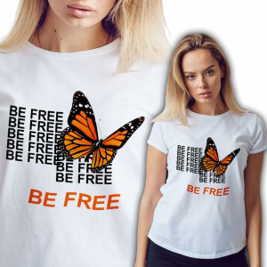 Koszulka Bluzka Damski Biały BE FREE Motyl Wzory M