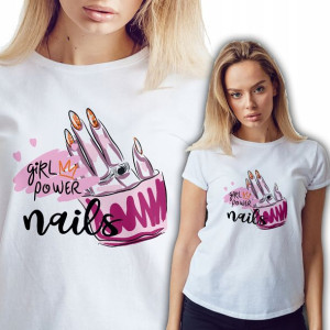 Koszulka Damska Biała GIRL POWER NAILS Wzory -L