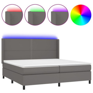 Łóżko kontynentalne z materacem i LED, szara ekoskóra 200x200cm